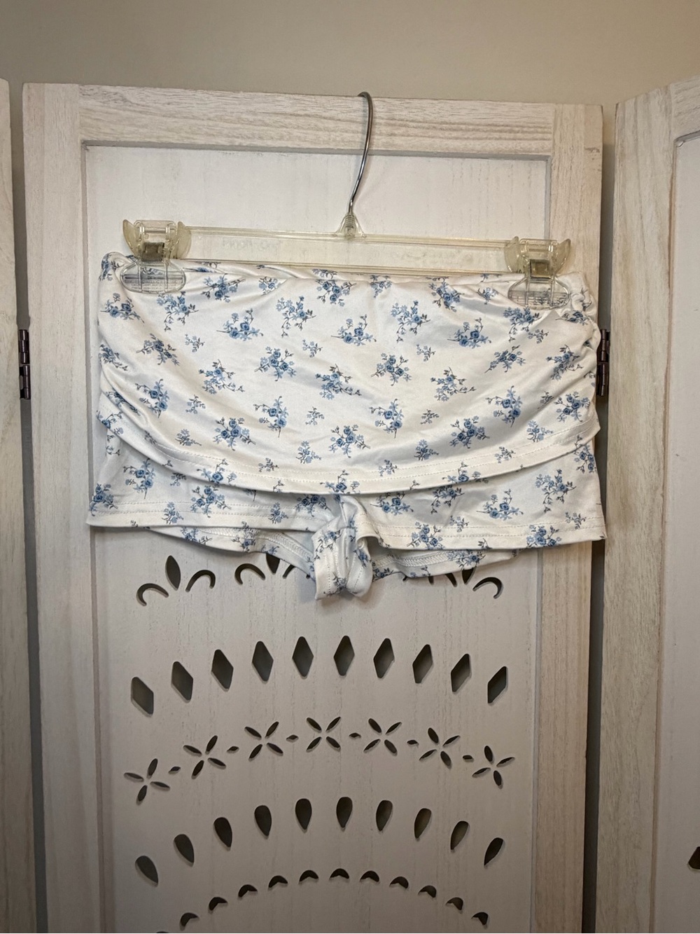 Blue and White Floral Fold-Over Lounge Micro Shorts